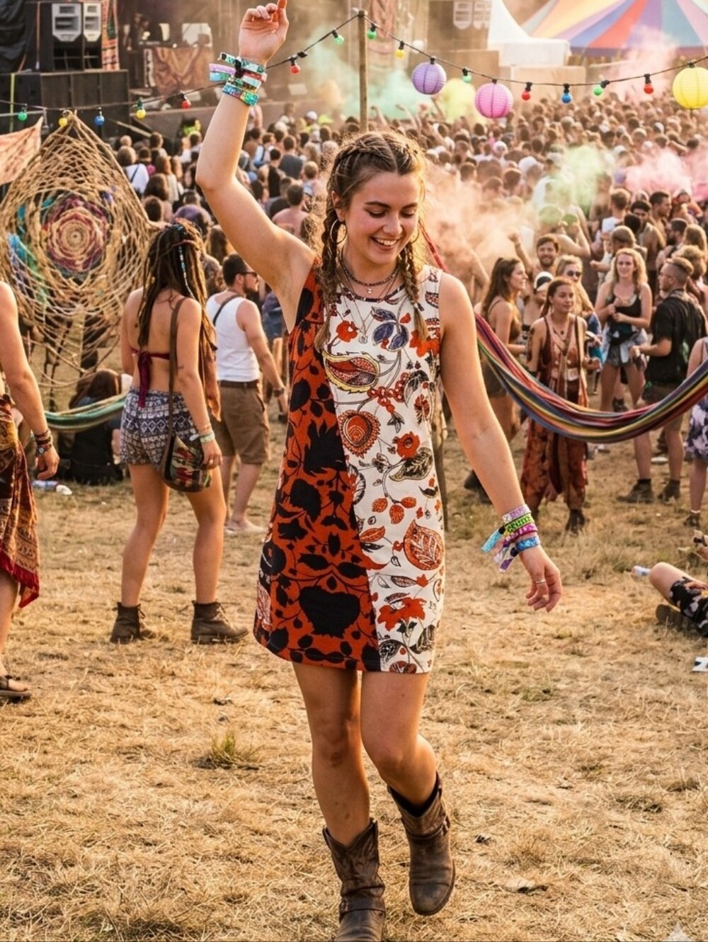 Desigual Red Black Multicolor Mini Boho Festival Sustainable Dress, Med